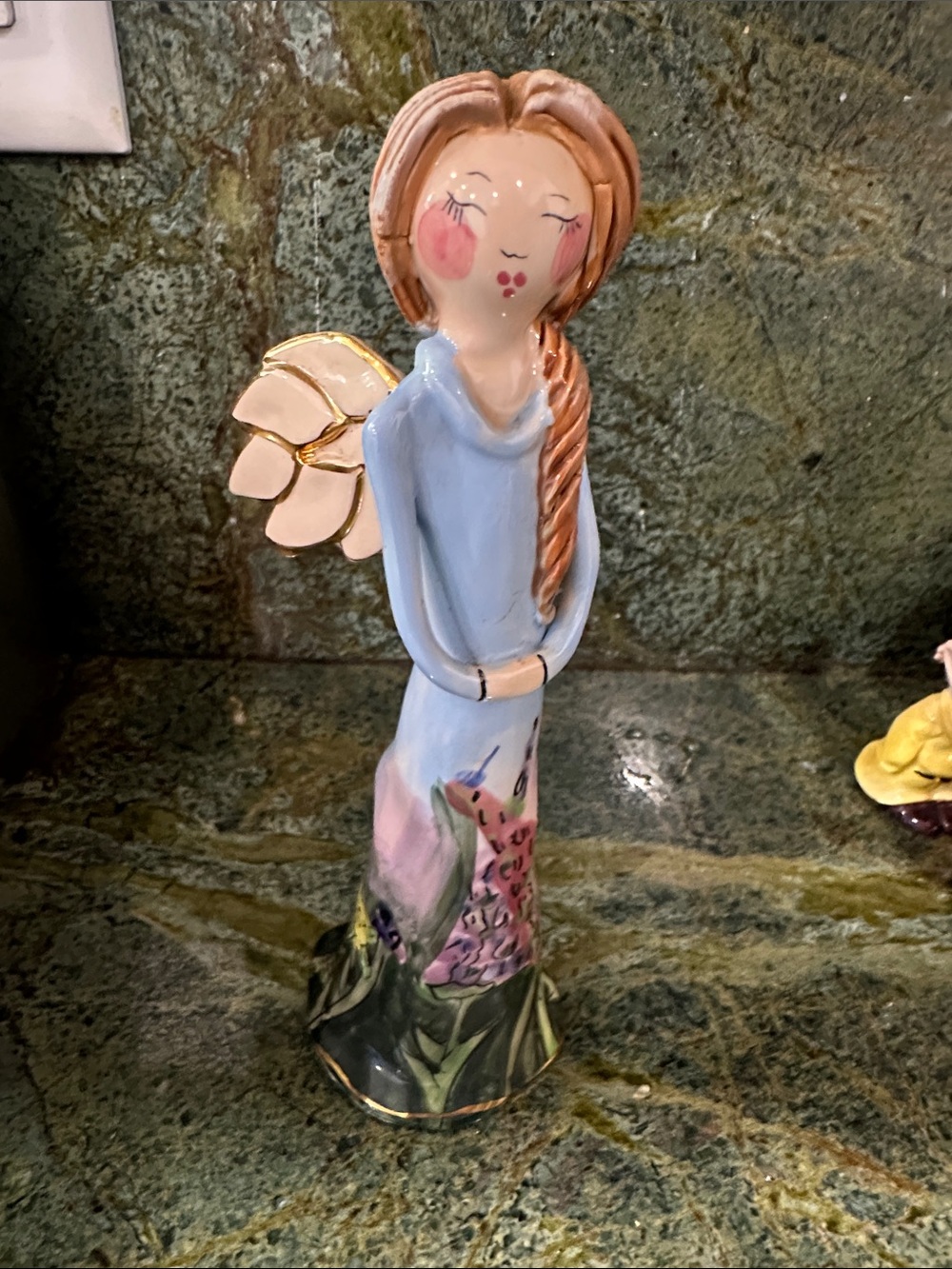 Hand-Painted Blue Angel Figurine with Floral Skirt- vintage 2002